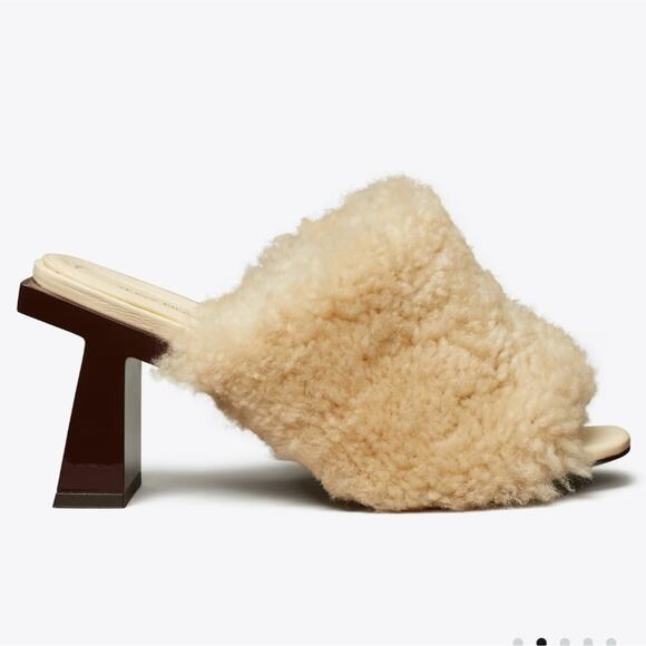 NWT$398 Tory Burch Block T 80mm Heel Shearling Heeled Mules Sandals Shoe Sz 5 - Picture 1 of 15